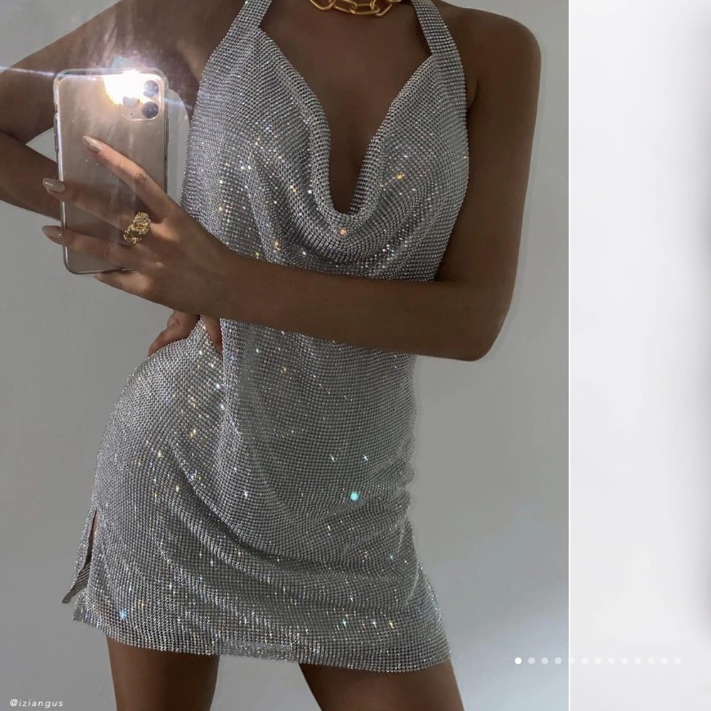Meshki Low Back Diamante Mesh Mini Dress